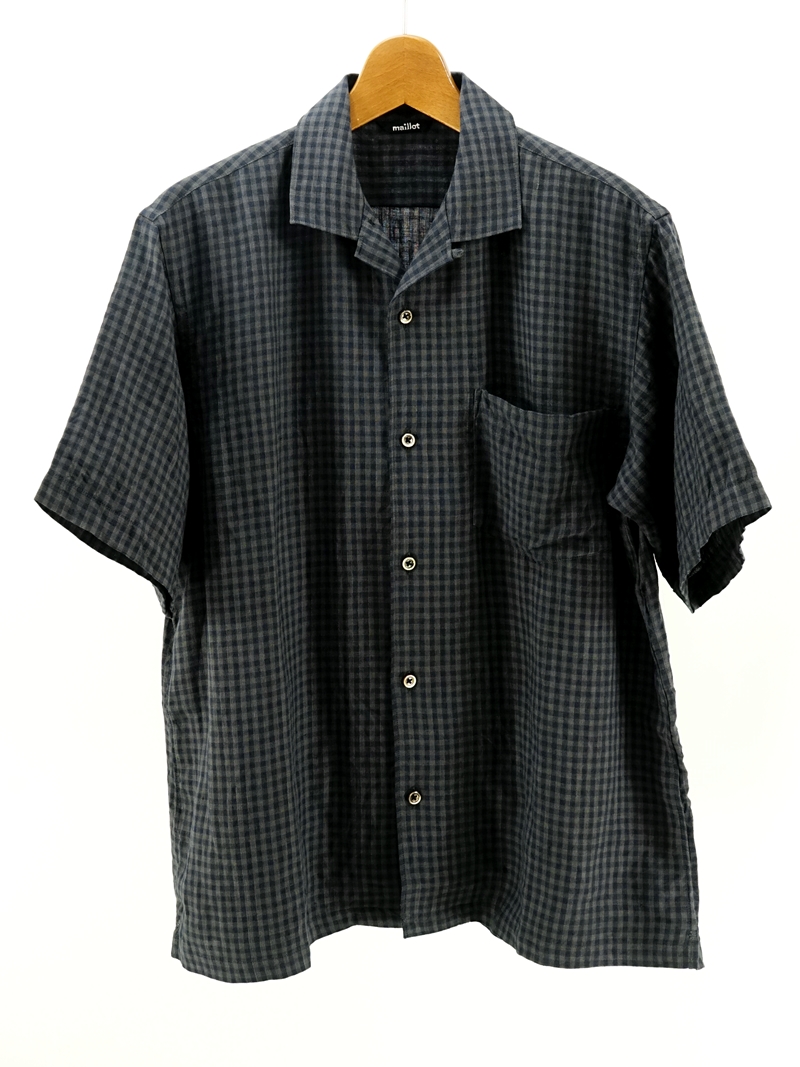 mature linen check s/s open shirt / MAS-23155